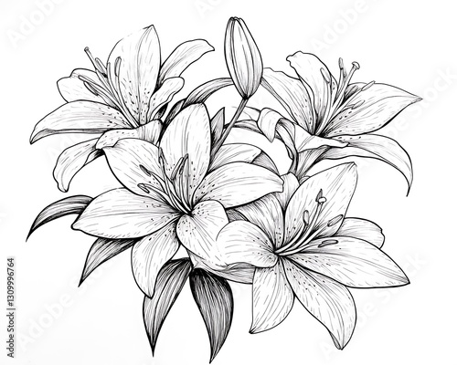 An elegant detailed black and white drawing of multiple lilies photo