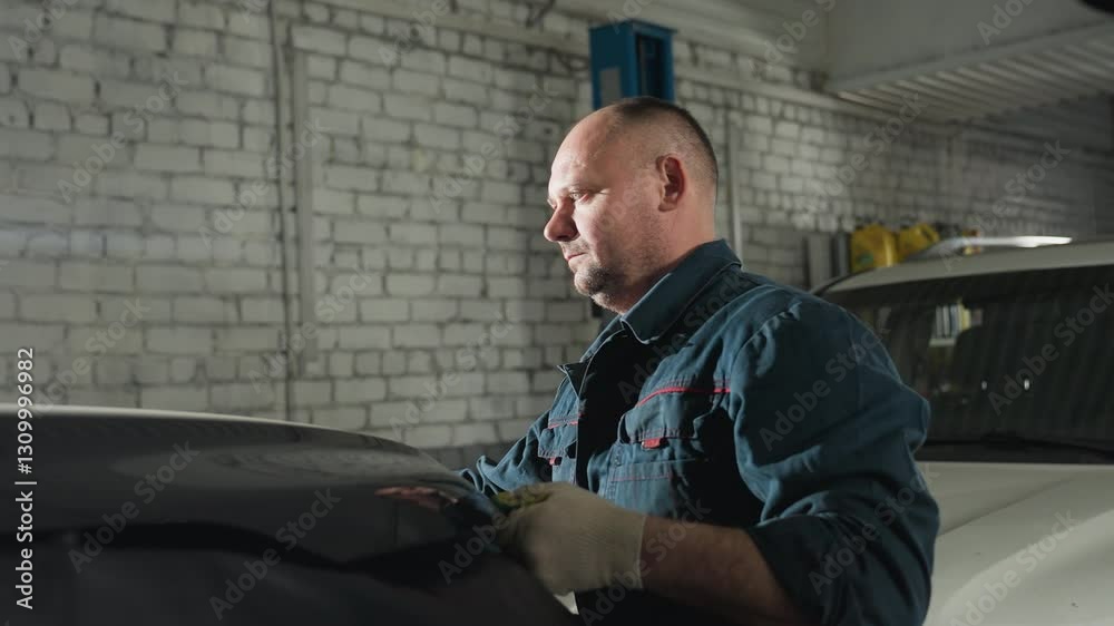 Mechanic in blue uniform skillfully uses a wedge to hold open the hood of a black car in a well-lit mechanical workshop, focusing on precision and safety Mechanic in blue uniform skillfully uses a wedge to hold open the hood of a black car in a well-lit mechanical workshop, focusing on precision and safety
