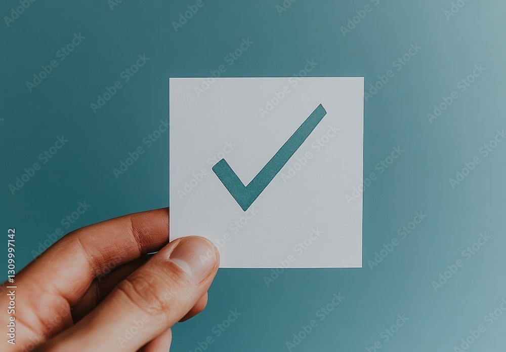 Hand Holding a Square Paper with a Teal Check Mark Against a Blue Background