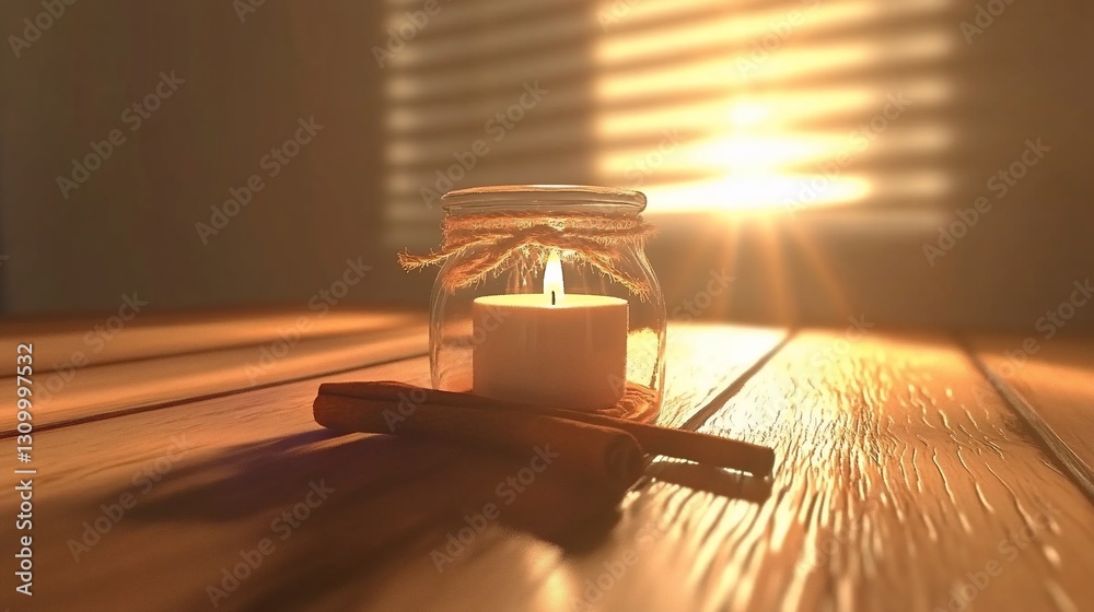 Obraz premium Candlelight, Cinnamon, Wooden Table, Sunset Window