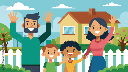 Smiling faces and friendly waves are seen as riders pass by neighbors out on their front porches.. Vector illustration
