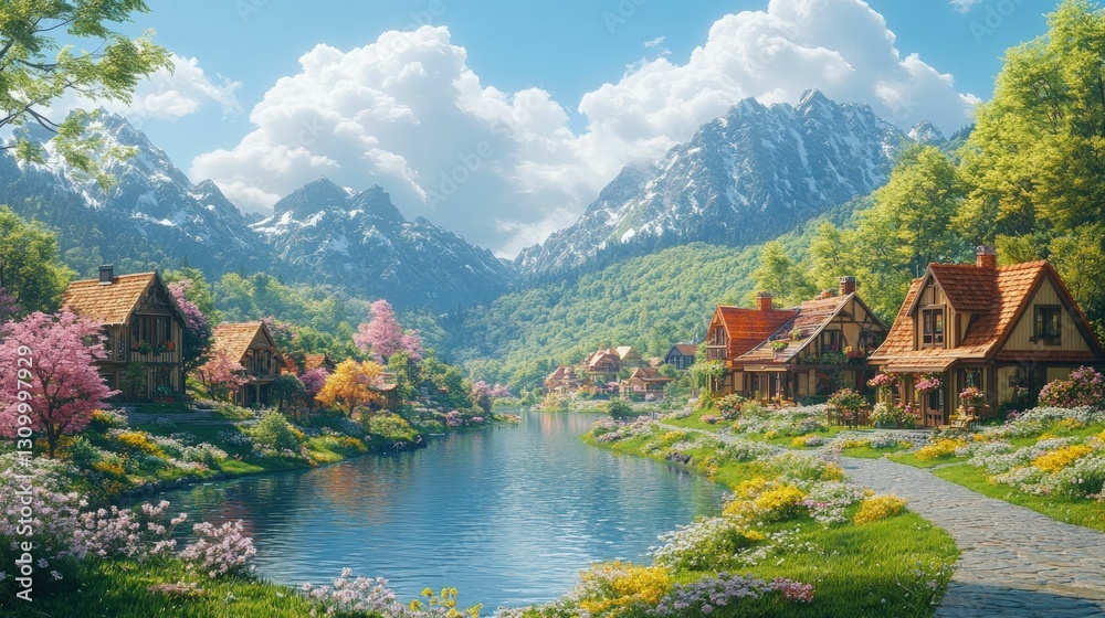Idyllic village nestled in vibrant mountain valley Idyllic village nestled in vibrant mountain valley