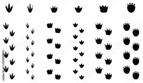 Decorative Dinosaur Tracks or Walking Footprints, Silhouette Clipart set on a Transparent Background