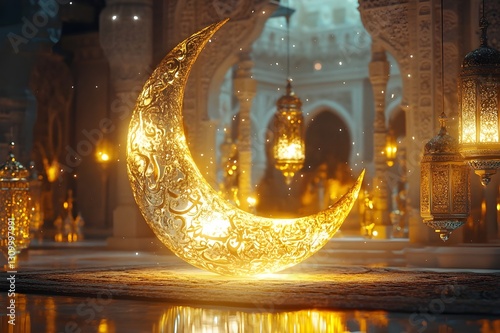 Glowing Crescent Moon with Arabic Script