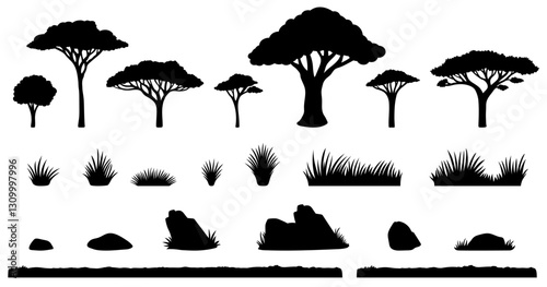 Grass, Rocks and Tree Silhouette Scene Creator Builder Clipart Set - Grassy Landscape Elements on a Transparent Background
