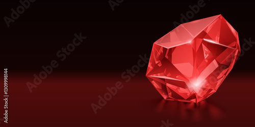 Vibrant red gemstone with multiple facets, with reflect, set against a dark background.