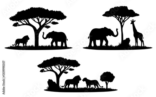 African Safari Animal Landscape Scene Silhouette Clipart on a Transparent Background