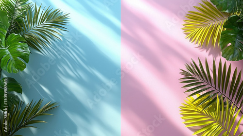 Tropical leaves casting shadows on split pastel background with blue and pink colors, creating vibrant and fresh atmosphere