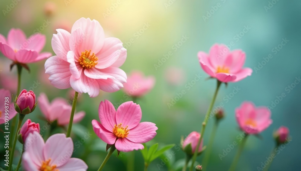 Pastel-colored cotton candy flowers blooming in a lush garden, flowers, soft, whimsical Pastel-colored cotton candy flowers blooming in a lush garden, flowers, soft, whimsical