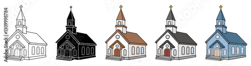 Christian Church Façade or Building Clipart at an Angled Perspective - Outline, Silhouette & Color Set on a Transparent Background