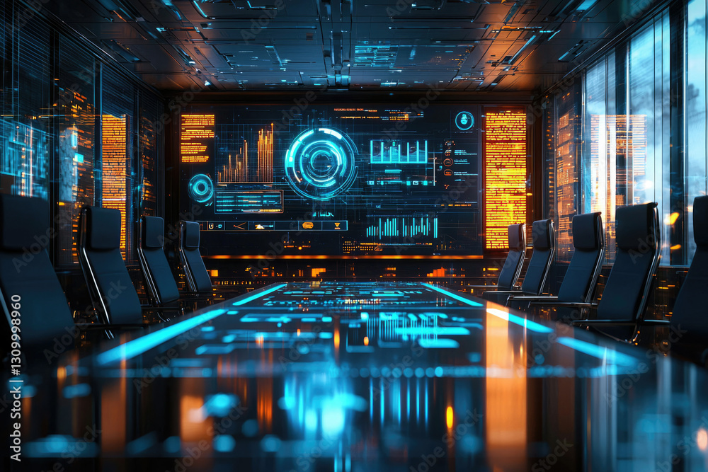 Futuristic boardroom with holographic displays showing data analytics and digital information.