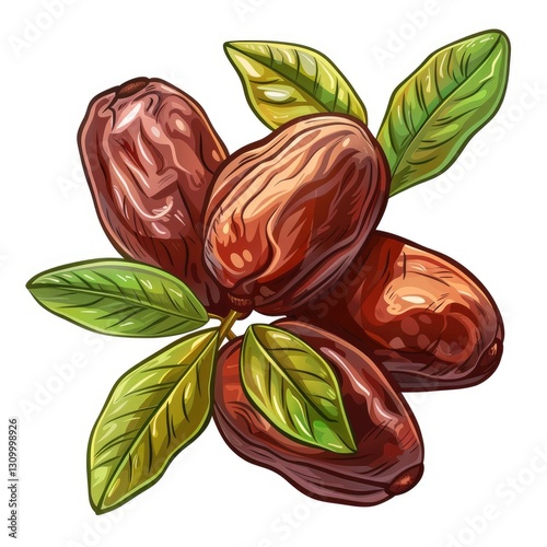 Dates fruit with leaves, clean white background, no hassle extraction