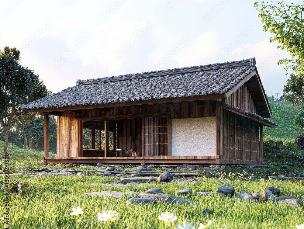 A traditional wooden Japanese house resting in a grassy garden setting A traditional wooden Japanese house resting in a grassy garden setting