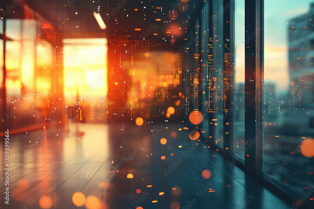 Fototapeta premium Abstract image depicting a modern office space with a futuristic digital overlay, showcasing technological integration in a contemporary setting.