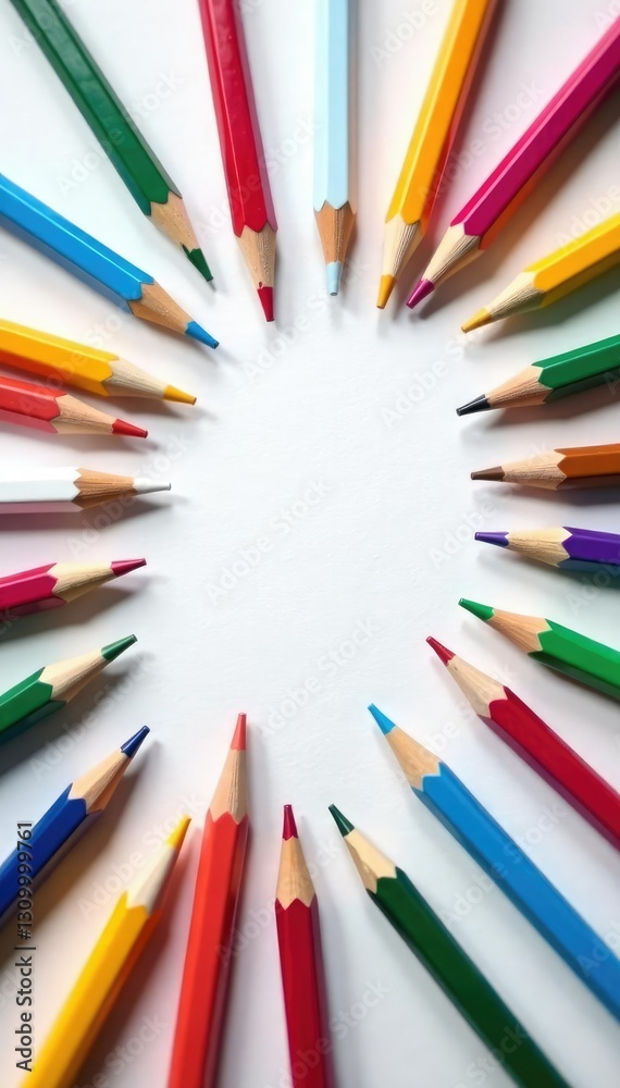 Fototapeta premium Pencils scattered on a plain notebook page in random order, disorganized, isolated