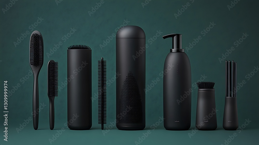 Black toiletries and brushes arranged against solid backdrop for product use Black toiletries and brushes arranged against solid backdrop for product use
