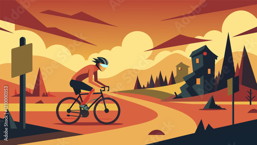 The virtual landscape transforms into a postapocalyptic wasteland and the cyclist races against time to reach the safe zone before its too late.. Vector illustration