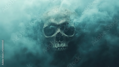 A dark, fog-enshrouded skull emerges from deep blue mist, casting an enigmatic, spectral presence that evokes mystery and intrigue in the eerie stillness photo