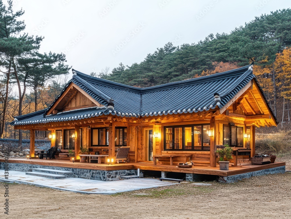 Beautiful wooden traditional home with dark tile roof at twilight Beautiful wooden traditional home with dark tile roof at twilight
