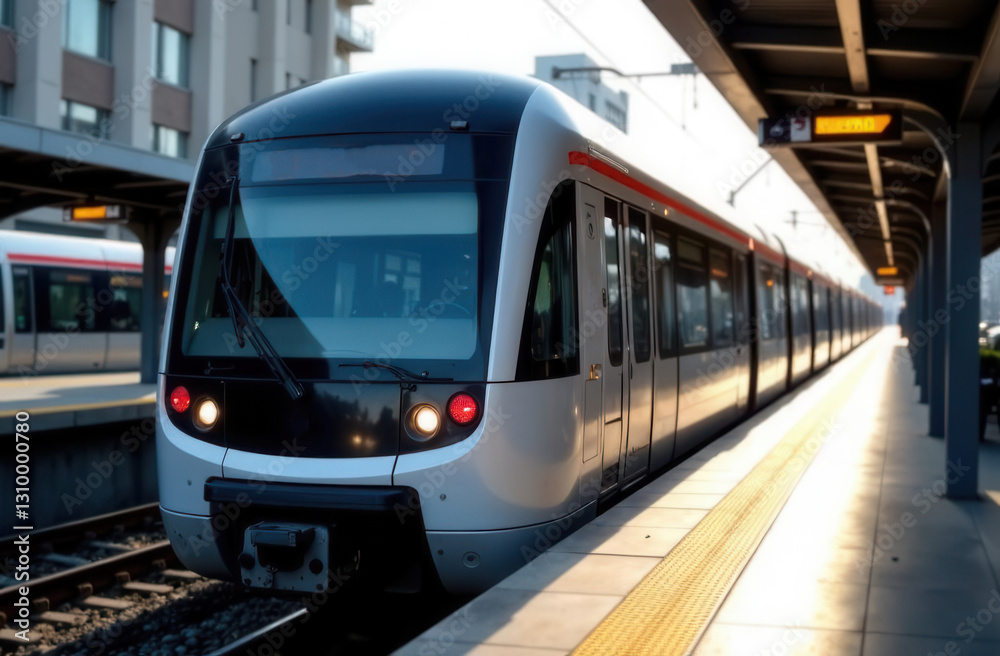 Naklejka premium Modern urban railway train at station platform in cityscape