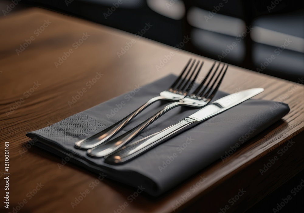 Elegant cutlery set on a neatly folded napkin at a dining table Elegant cutlery set on a neatly folded napkin at a dining table