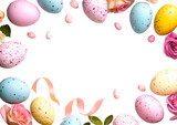 Easter colourful hand painted pastel eggs, ribbon, rose flower, scattered surround on transparent cutout PNG. Mockup template for design. Wallpaper banner border frame. flat lay top view