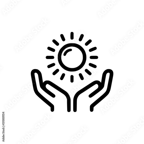 Hands holding sun icon in outline style representing warmth and positivity