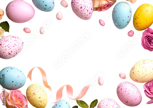 Easter colourful hand painted pastel eggs, ribbon, rose flower, scattered surround on transparent cutout PNG. Mockup template for design. Wallpaper banner border frame. flat lay top view photo