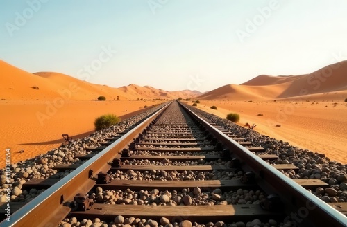 Endless railway track through desert landscape for travel and adventure themes photo