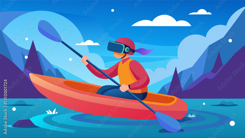 Train for your next reallife kayaking adventure by paddling through a challenging VR course testing your skills and endurance.. Vector illustration Train for your next reallife kayaking adventure by paddling through a challenging VR course testing your skills and endurance.. Vector illustration