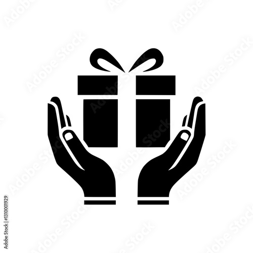 Gift box icon held by two hands in solid black representing generosity and celebration