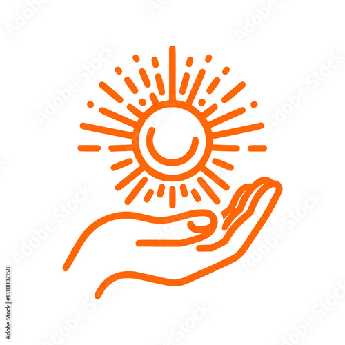 Hand holding sun icon in outline style representing warmth and positivity