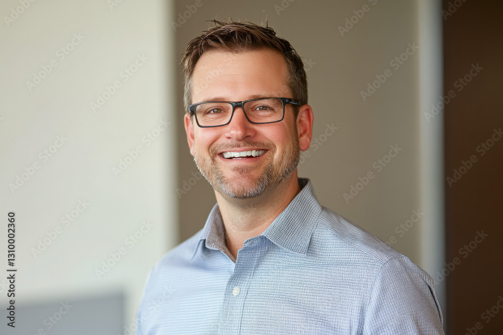 Caucasian man with glasses smiling confidently in a bright office setting, wearing a light blue shirt, capturing a professional and approachable mood. Caucasian man with glasses smiling confidently in a bright office setting, wearing a light blue shirt, capturing a professional and approachable mood.