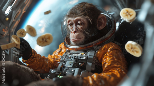 A monkey wearing a space suit drifts in a spacecraft filled with bananas, embodying the intersection of amusement and the thrill of space exploration.