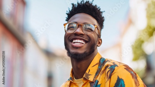 A smiling young man dressed in freaky clothing exudes youthful energy and charisma.