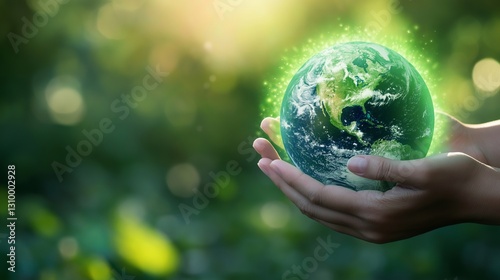 Hands carefully holding the Earth with a glowing green aura, symbolizing environmental responsibility, ecological balance