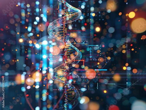 Innovative DNA Double Helix Visualization: Biotechnology and Genetic Code in Modern Science with Colorful Lights