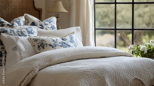 Luxury Bedroom with White Bedding Set and Blue Flower Accent Pillows