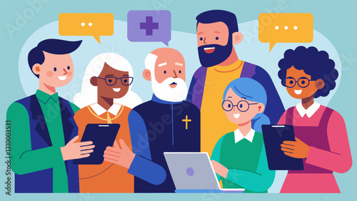 The group of church elders eagerly brainstormed creative ideas for utilizing technology to enhance worship experiences and streamline administrative. Vector illustration