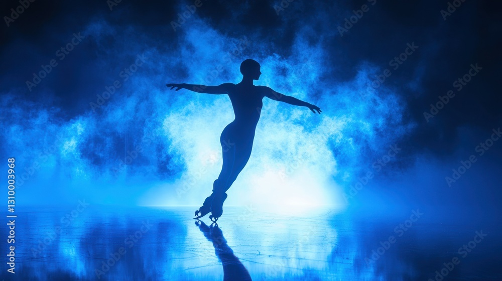 A silhouette of a figure skating on ice, illuminated by blue lighting and surrounded by mist. A silhouette of a figure skating on ice, illuminated by blue lighting and surrounded by mist.