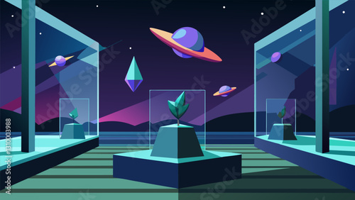 In this openair gallery floating sculptures made of glass reflect and refract light casting colorful shadows against the backdrop of stars a reminder. Vector illustration