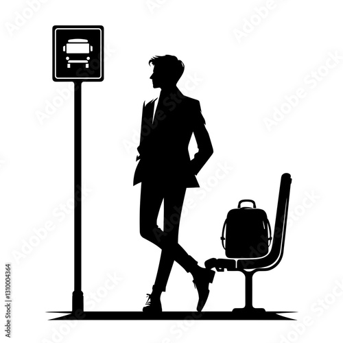 Man Waiting at Bus Stop with Backpack Silhouette