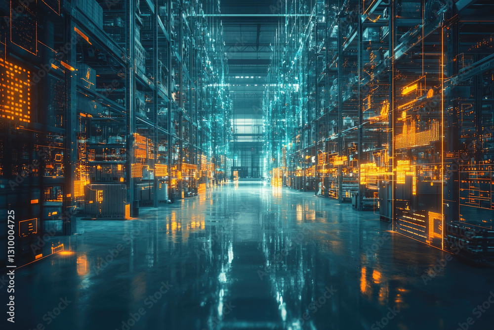 Fototapeta premium Futuristic smart warehouse with digital overlays showcasing advanced inventory management and automation.