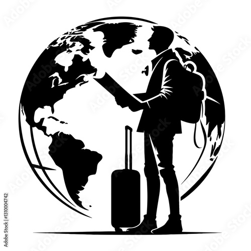 Traveler with Suitcase and World Map Silhouette