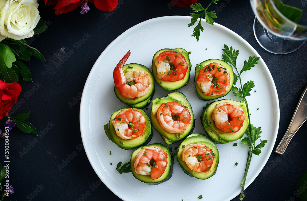Gourmet Avocado, Tomato & Shrimp Rolls on a White Plate – Elegant Restaurant Dining Gourmet Avocado, Tomato & Shrimp Rolls on a White Plate – Elegant Restaurant Dining