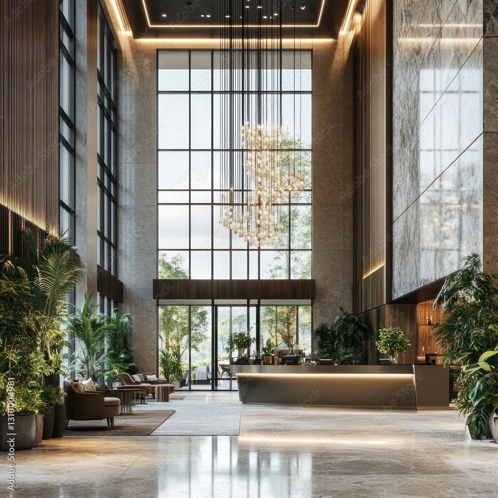 Modern, spacious lobby with high ceilings, large windows, and a contemporary chandelier. Lush greenery, comfortable seating, and a sleek reception desk complete the design. Modern, spacious lobby with high ceilings, large windows, and a contemporary chandelier. Lush greenery, comfortable seating, and a sleek reception desk complete the design.