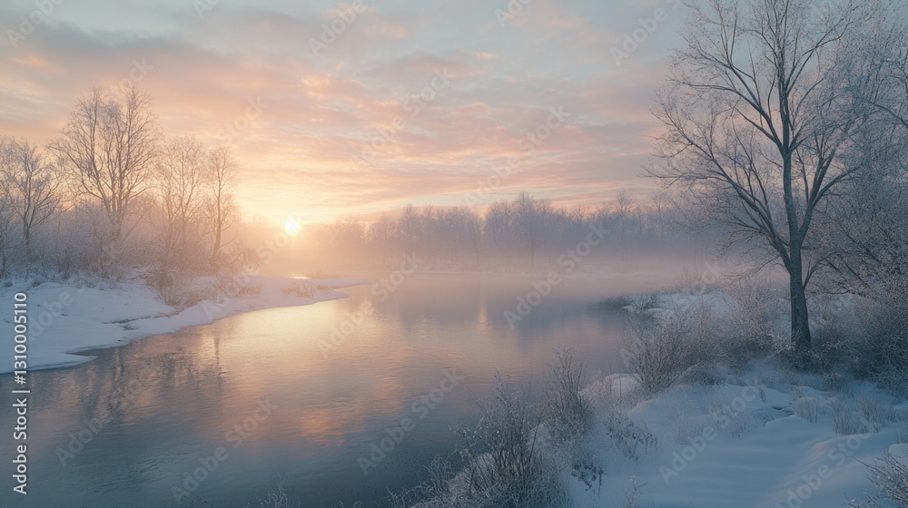 Snowy forest with river Snowy forest with river