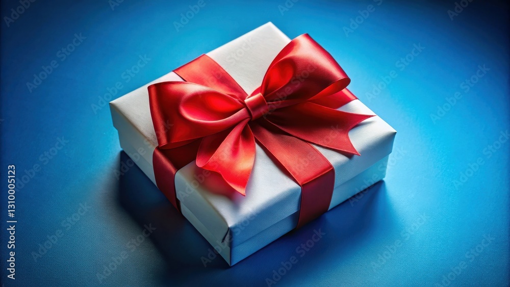 Obraz premium A white gift box adorned with a vibrant red satin ribbon and bow, set against a backdrop of a deep blue surface.