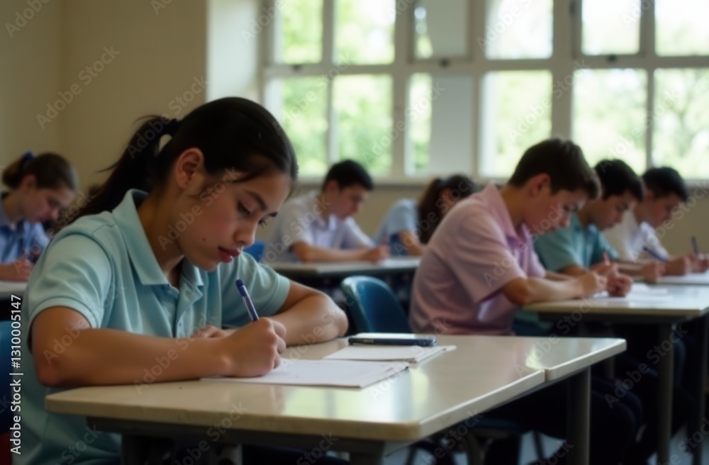 Focused students taking a test in classroom with bright windows Focused students taking a test in classroom with bright windows
