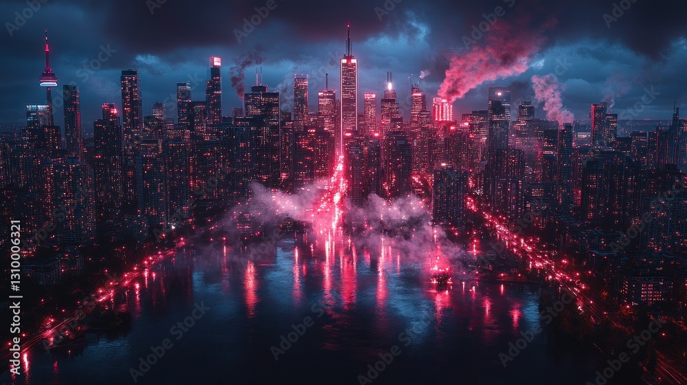 Fototapeta premium Cityscape, fiery explosion, night, reflection, disaster